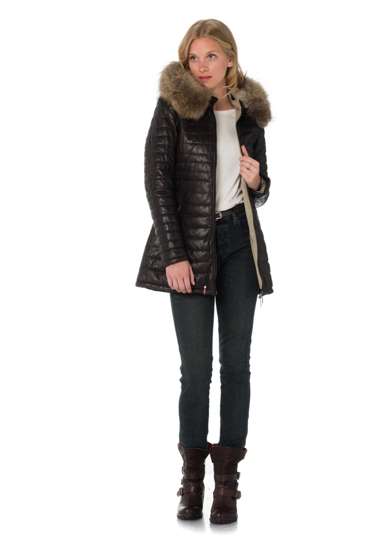 Mid-length chocolate-colored down jacket in sheepskin - Image n°2