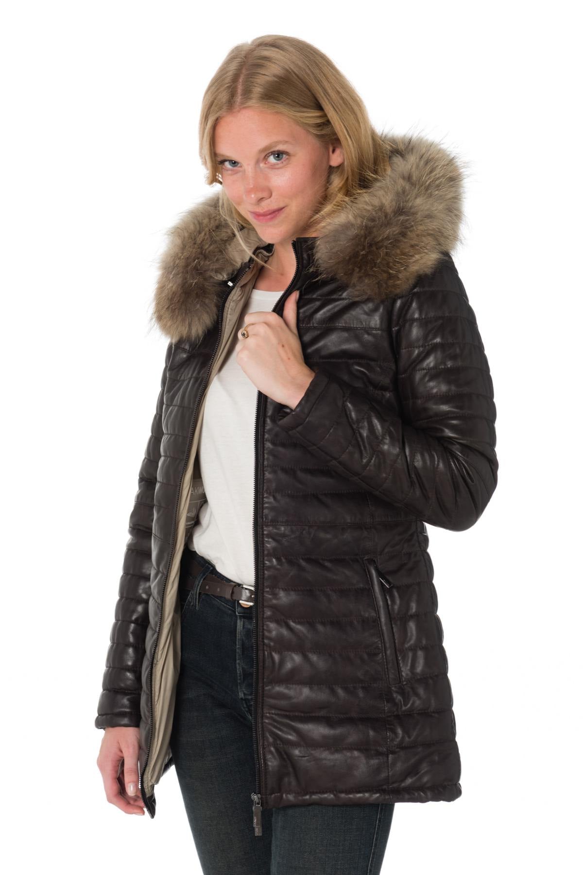 Mid-length chocolate-colored down jacket in sheepskin - Image n°3