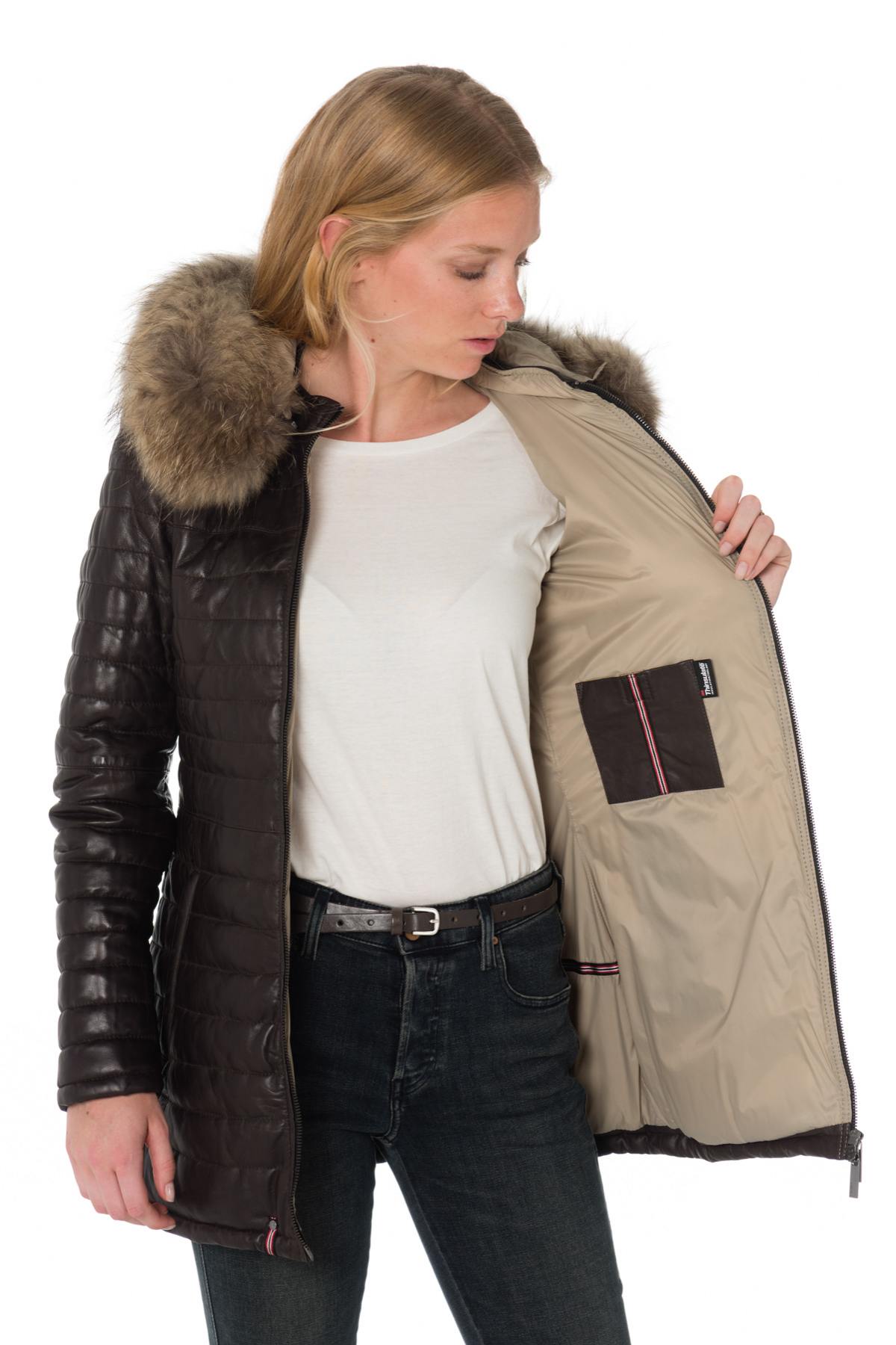 Mid-length chocolate-colored down jacket in sheepskin - Image n°5