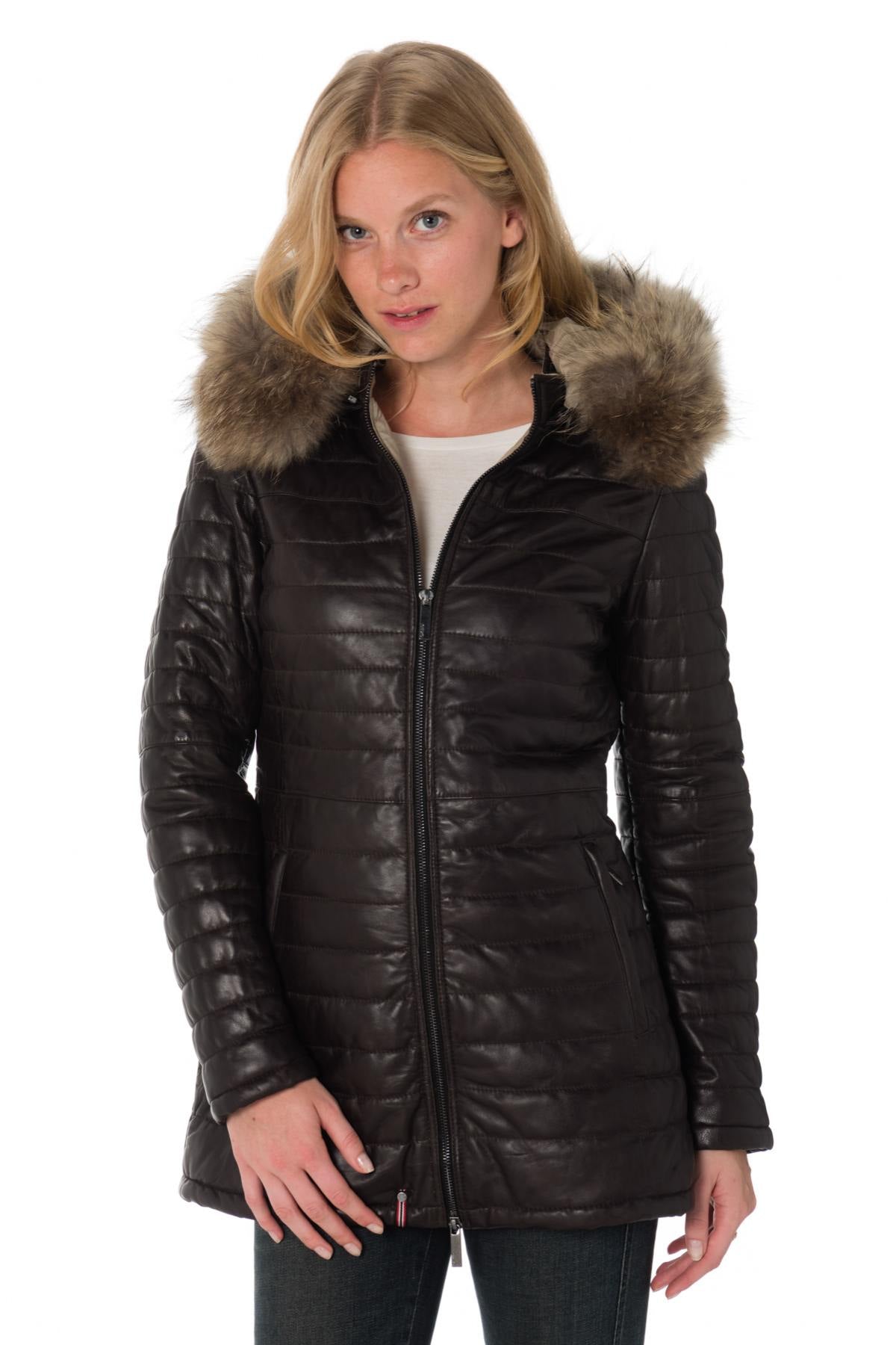 Mid-length chocolate-colored down jacket in sheepskin - Image n°1