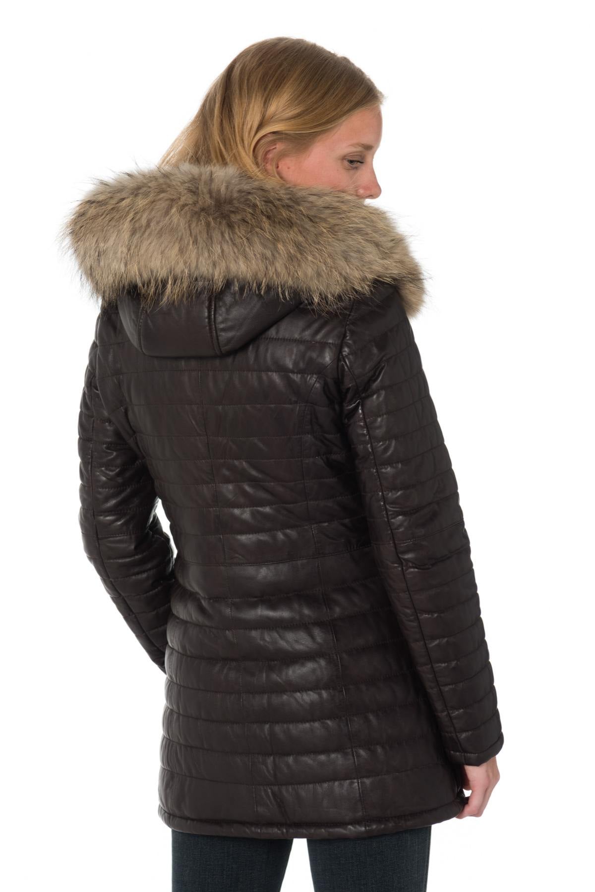 Mid-length chocolate-colored down jacket in sheepskin - Image n°4