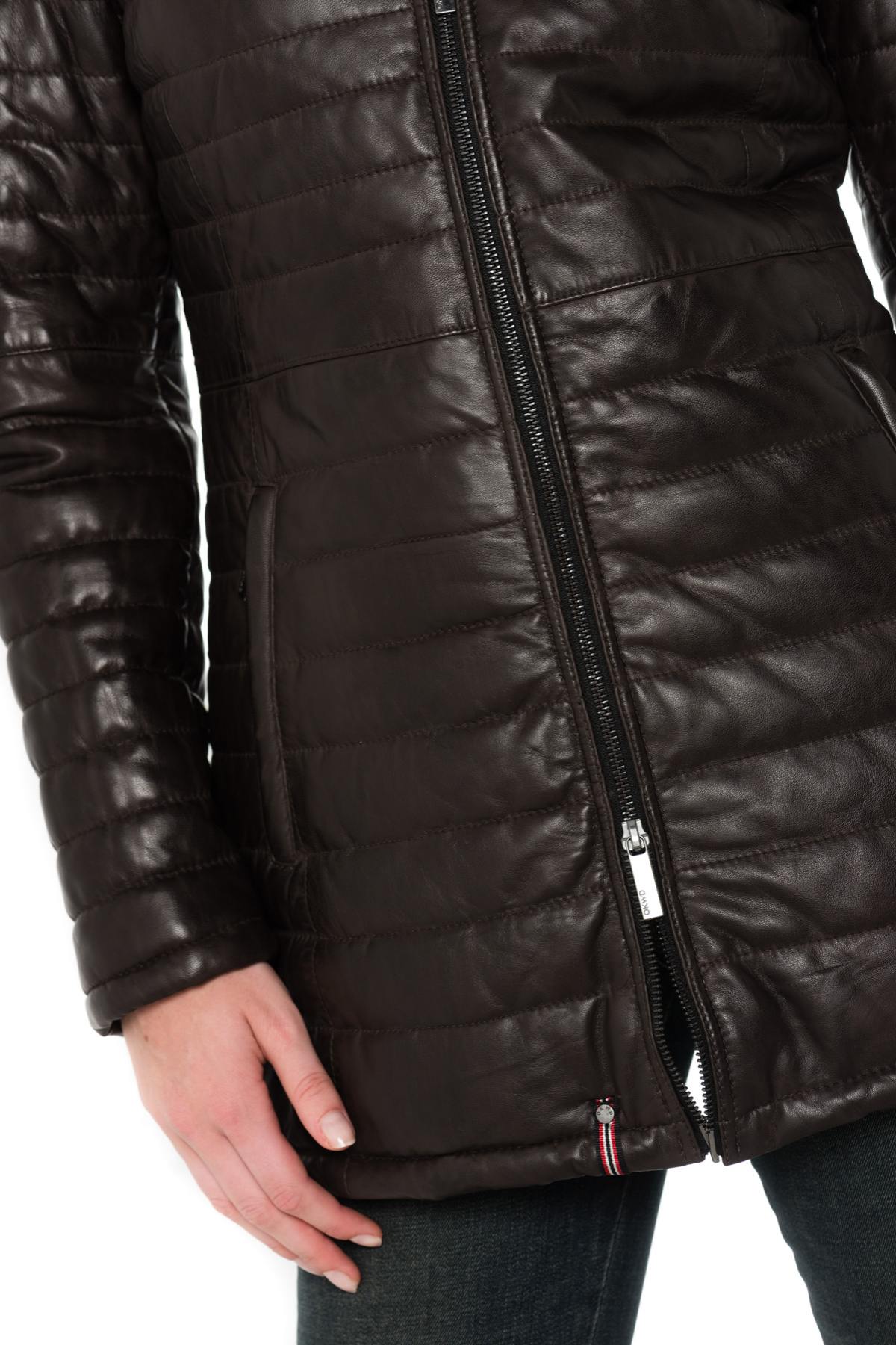 Mid-length chocolate-colored down jacket in sheepskin - Image n°7