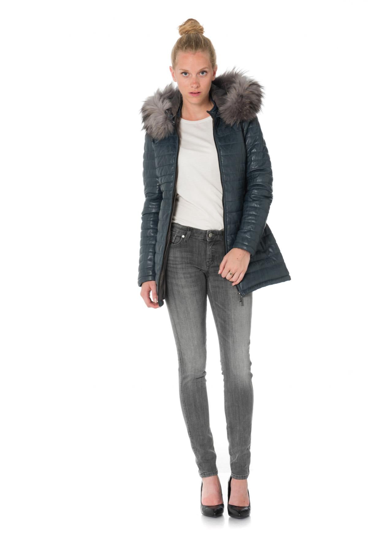 Women's down jacket in blue sheepskin leather - Image n°2