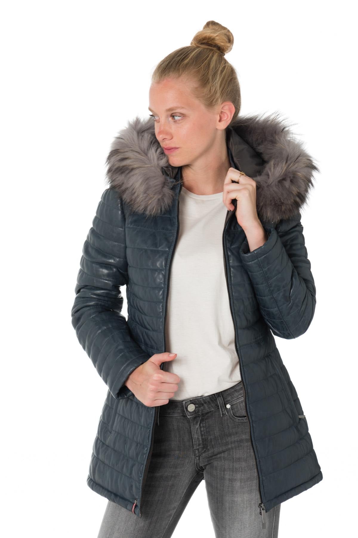 Women's down jacket in blue sheepskin leather - Image n°3