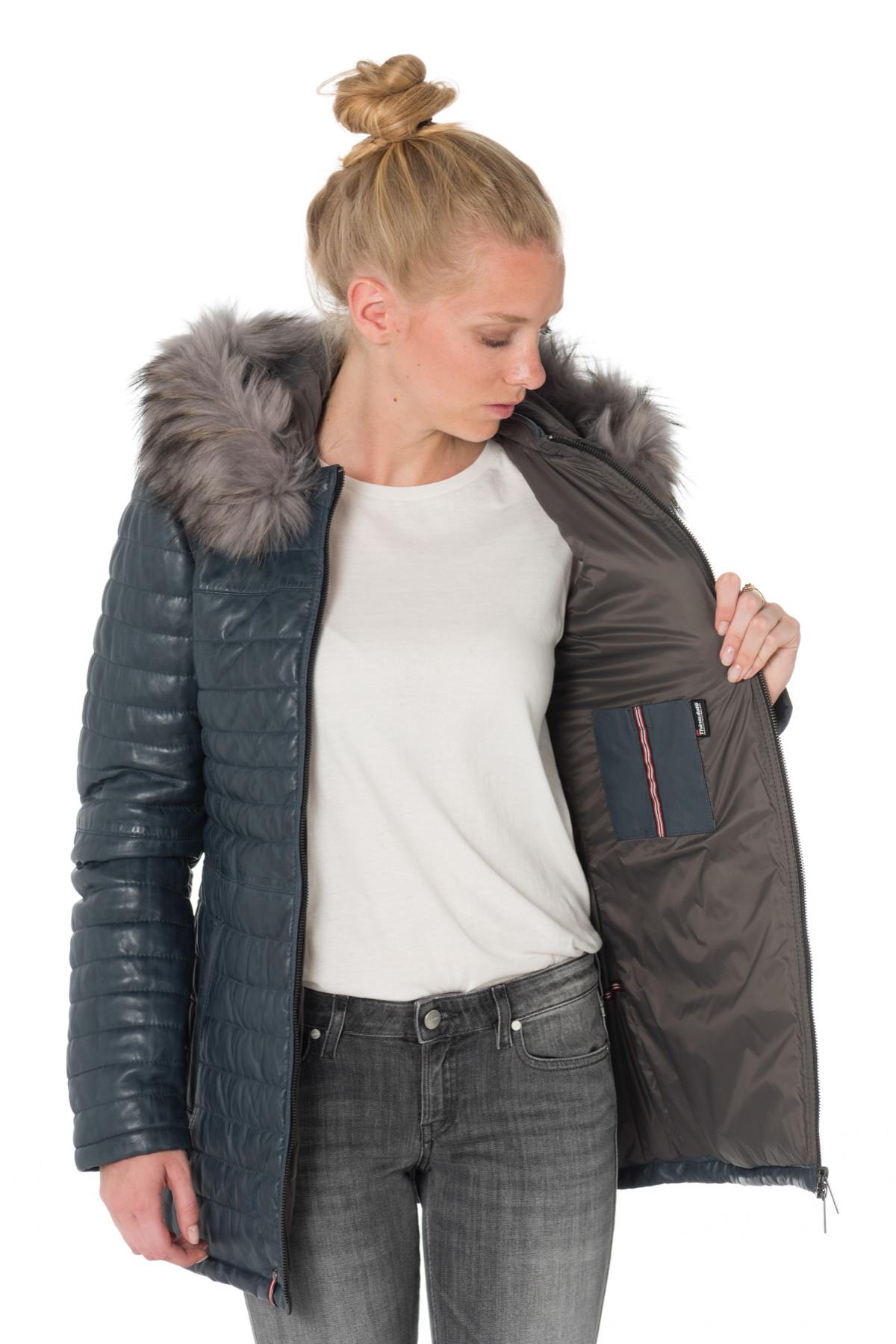 Women's down jacket in blue sheepskin leather - Image n°5