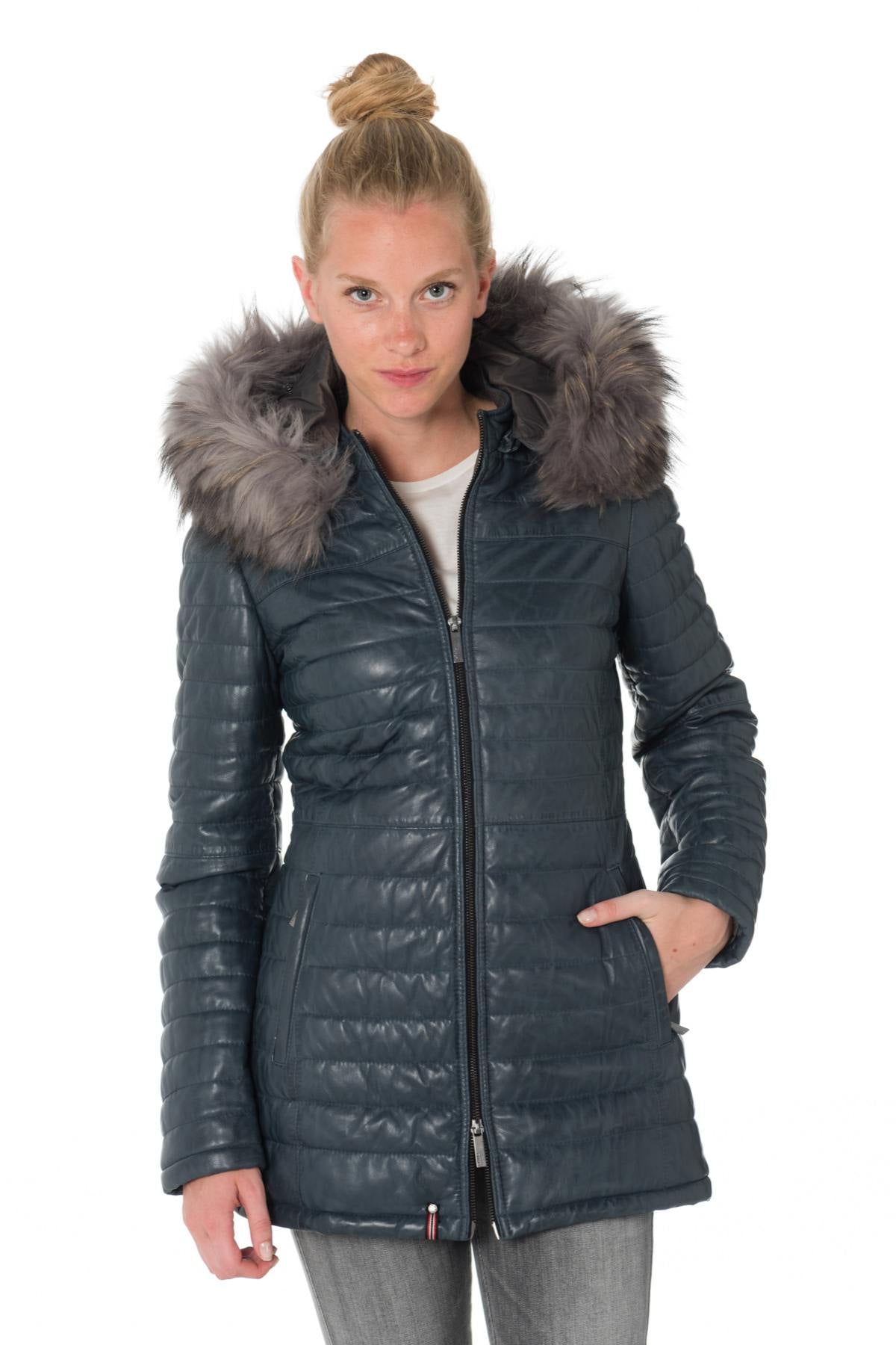 Women's down jacket in blue sheepskin leather - Image n°1