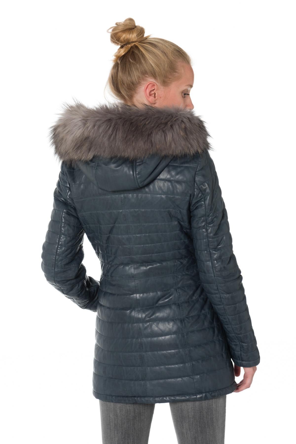 Women's down jacket in blue sheepskin leather - Image n°4