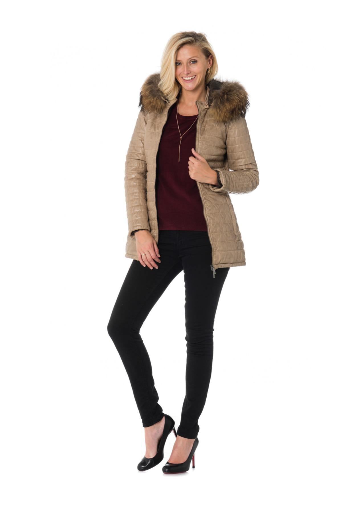 Women's dark beige sheepskin leather down jacket - Image n°2