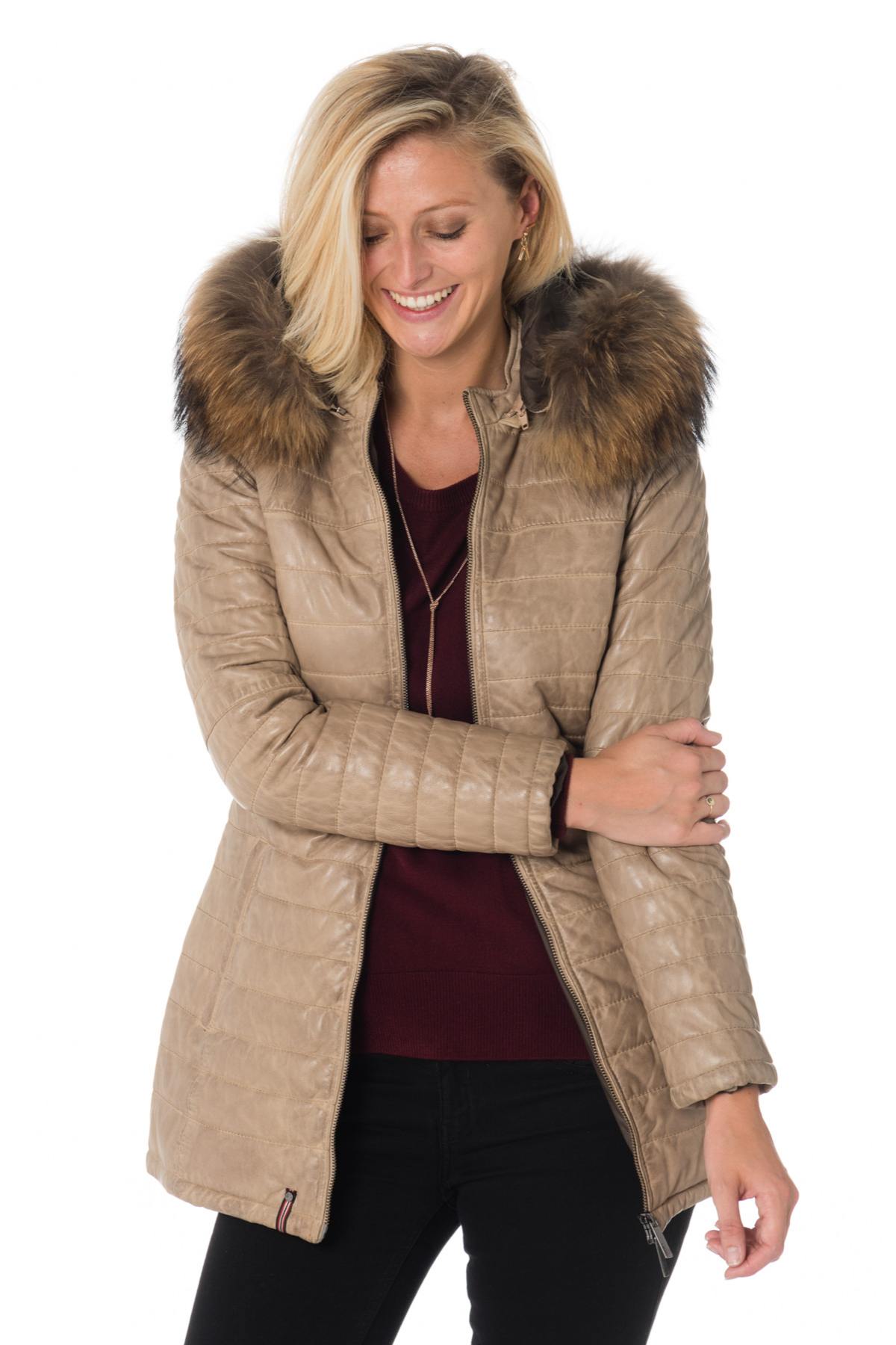 Women's dark beige sheepskin leather down jacket - Image n°3