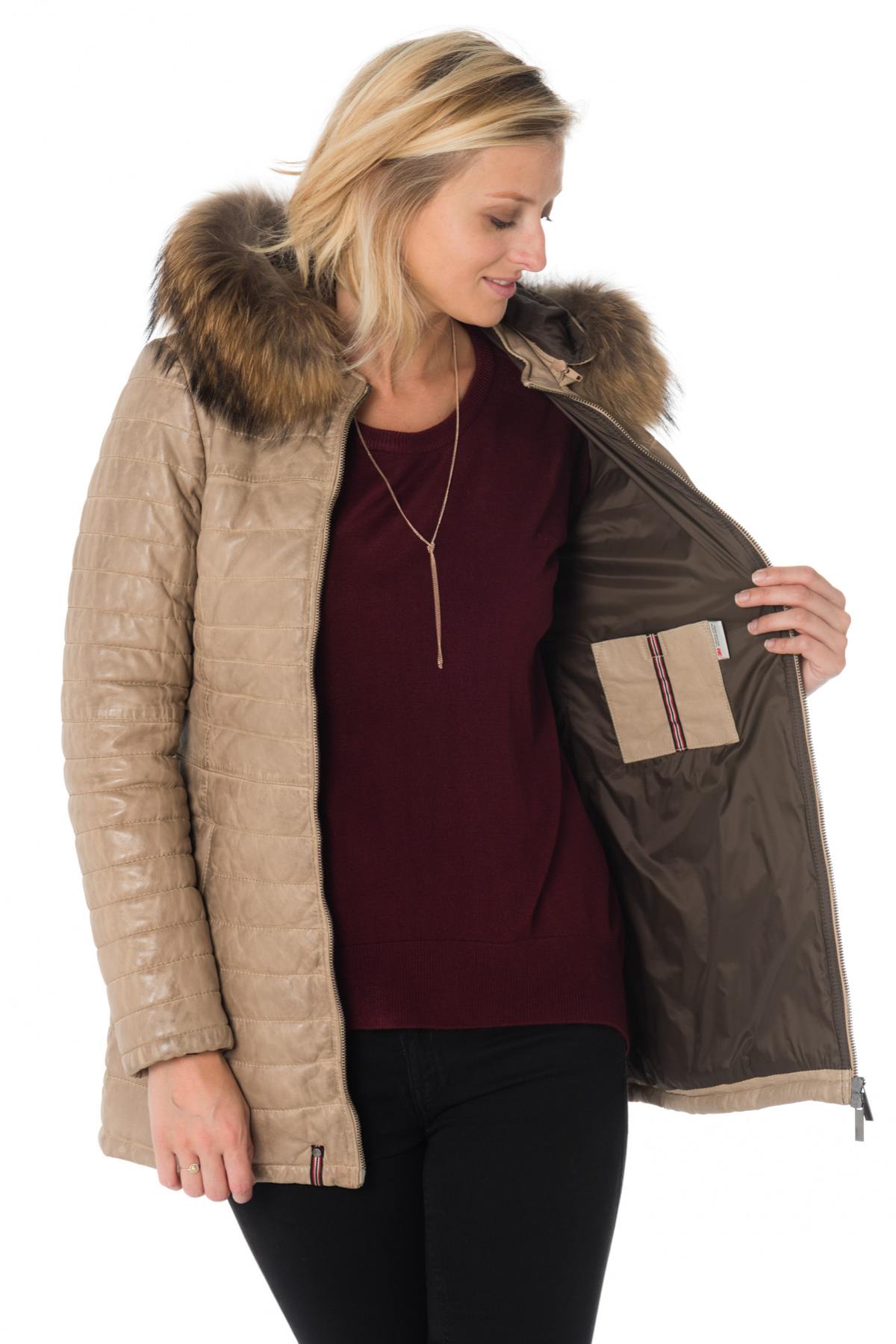 Women's dark beige sheepskin leather down jacket - Image n°4