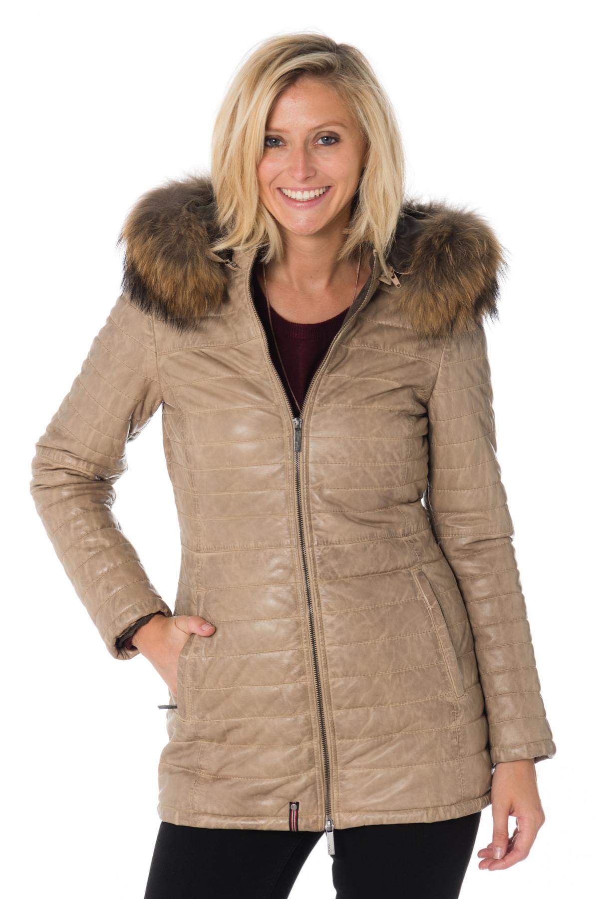 Women's dark beige sheepskin leather down jacket - Image n°1