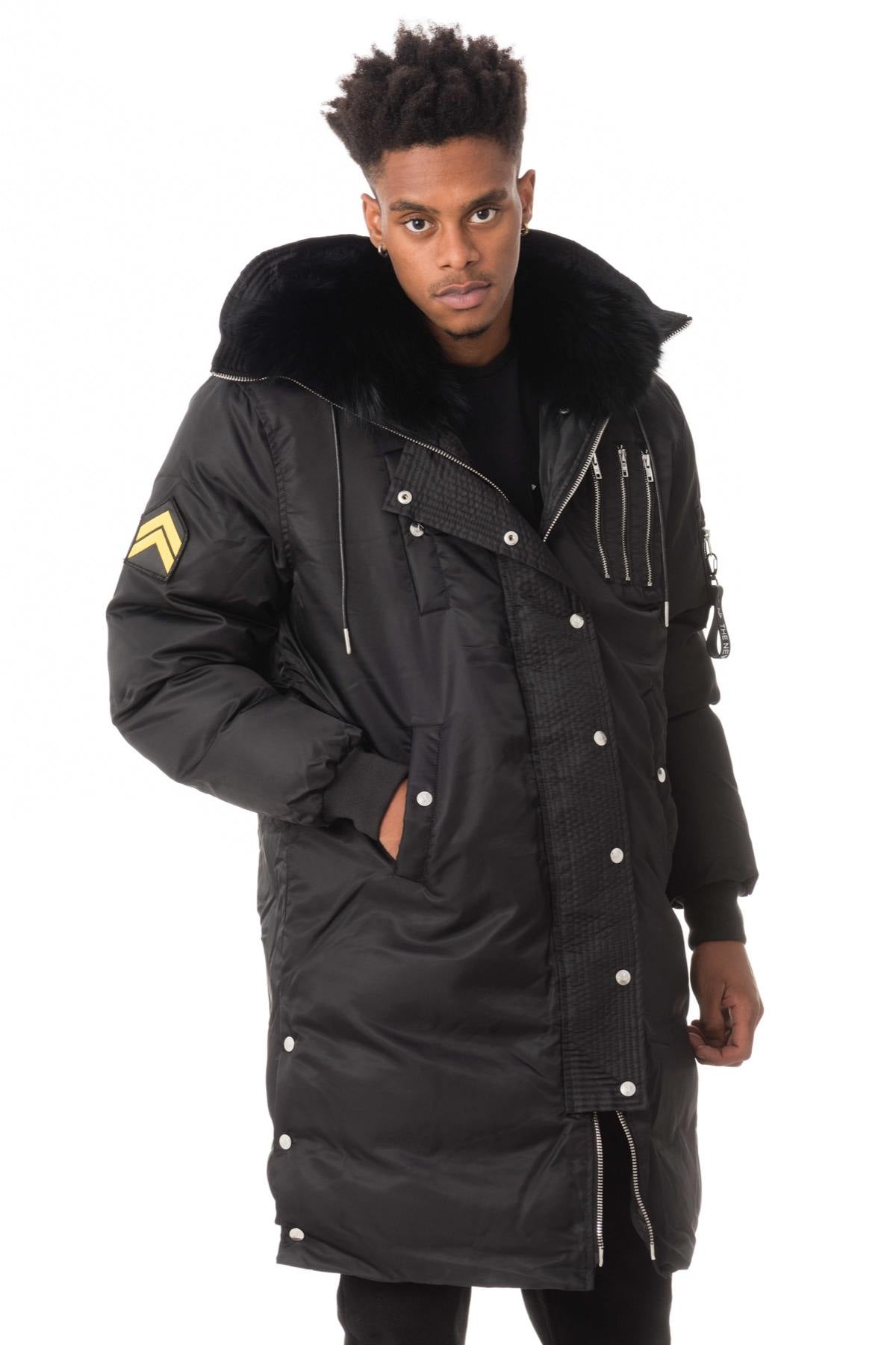 Men's black long bomber style coat - Image n°1