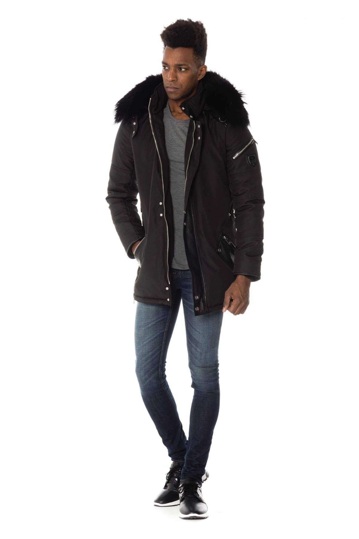 Men's black bi-material parka with black fur - Image n°2