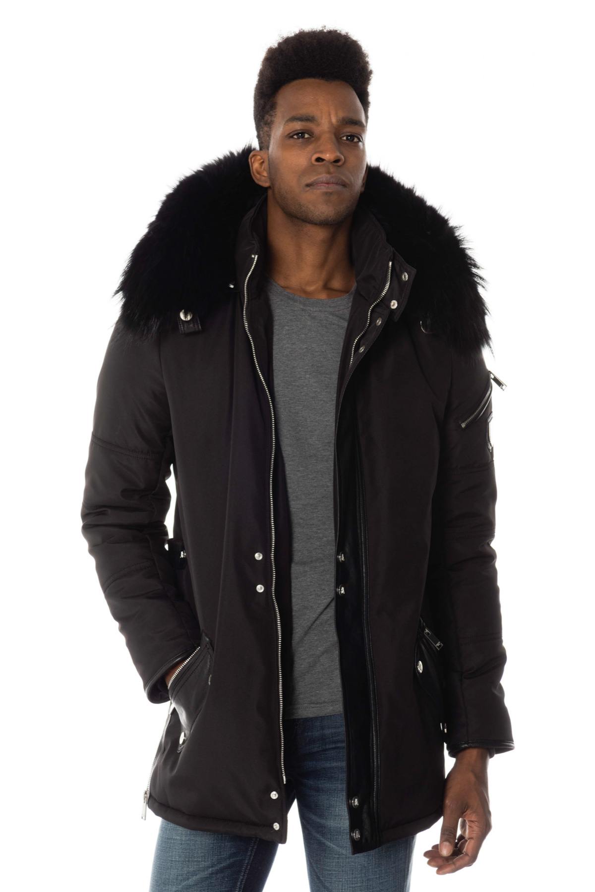 Men's black bi-material parka with black fur - Image n°1