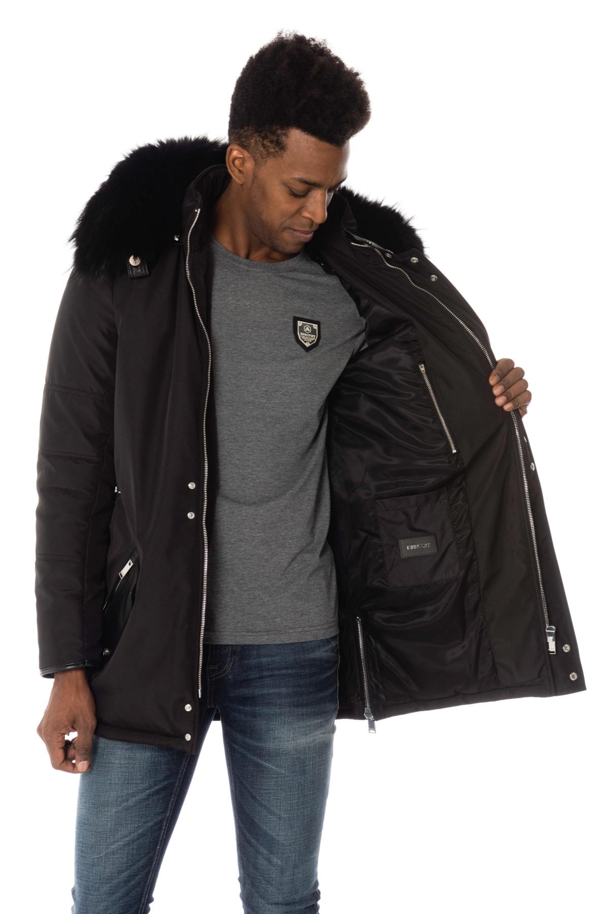 Men's black bi-material parka with black fur - Image n°5