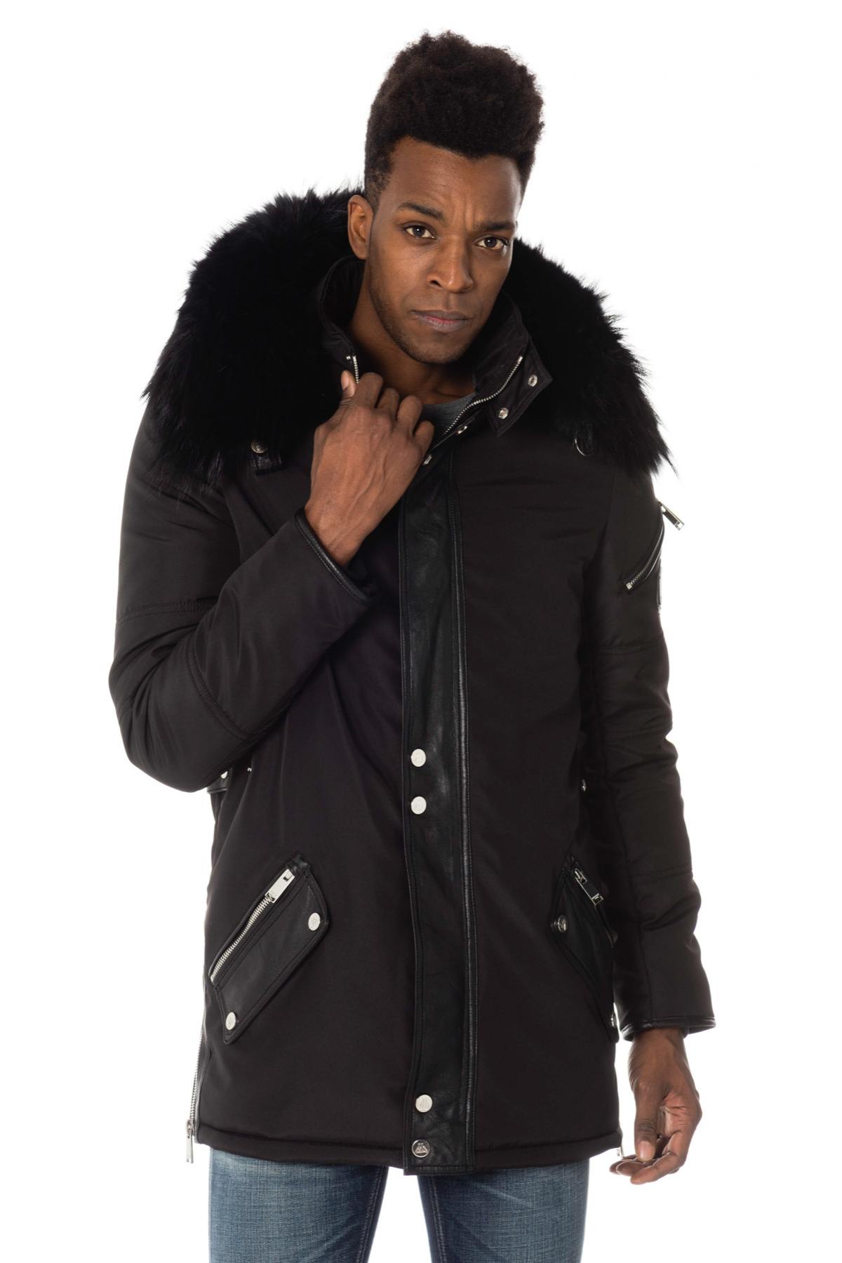 Men's black bi-material parka with black fur - Image n°3