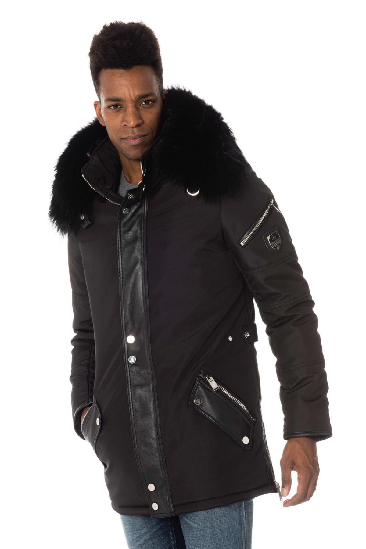 Men's black bi-material parka with black fur - Image n°4