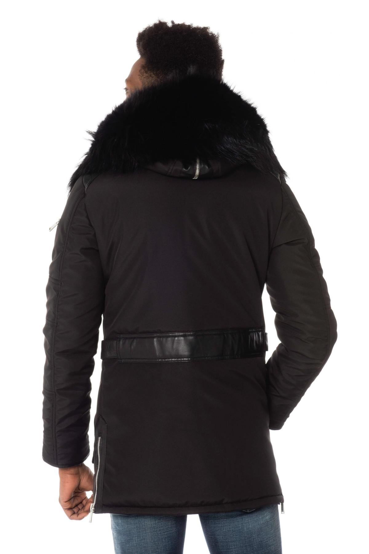 Men's black bi-material parka with black fur - Image n°6