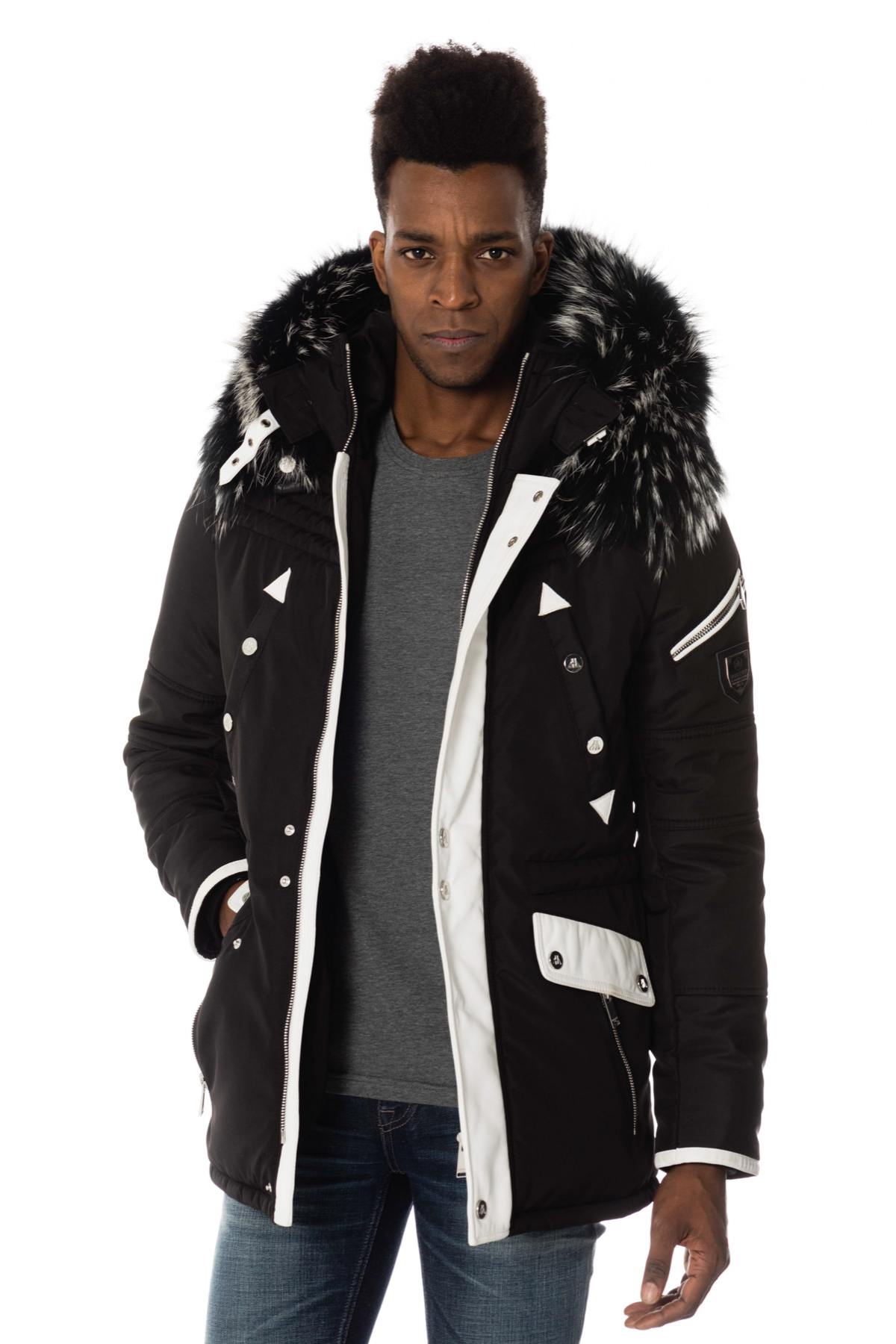 Men's parka in black and white polyamide and leather - Image n°3