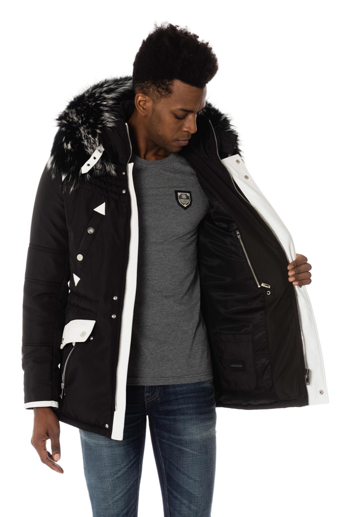 Men's parka in black and white polyamide and leather - Image n°4