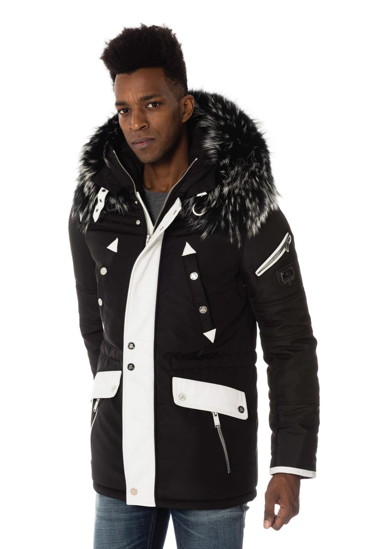 Men's parka in black and white polyamide and leather - Image n°1