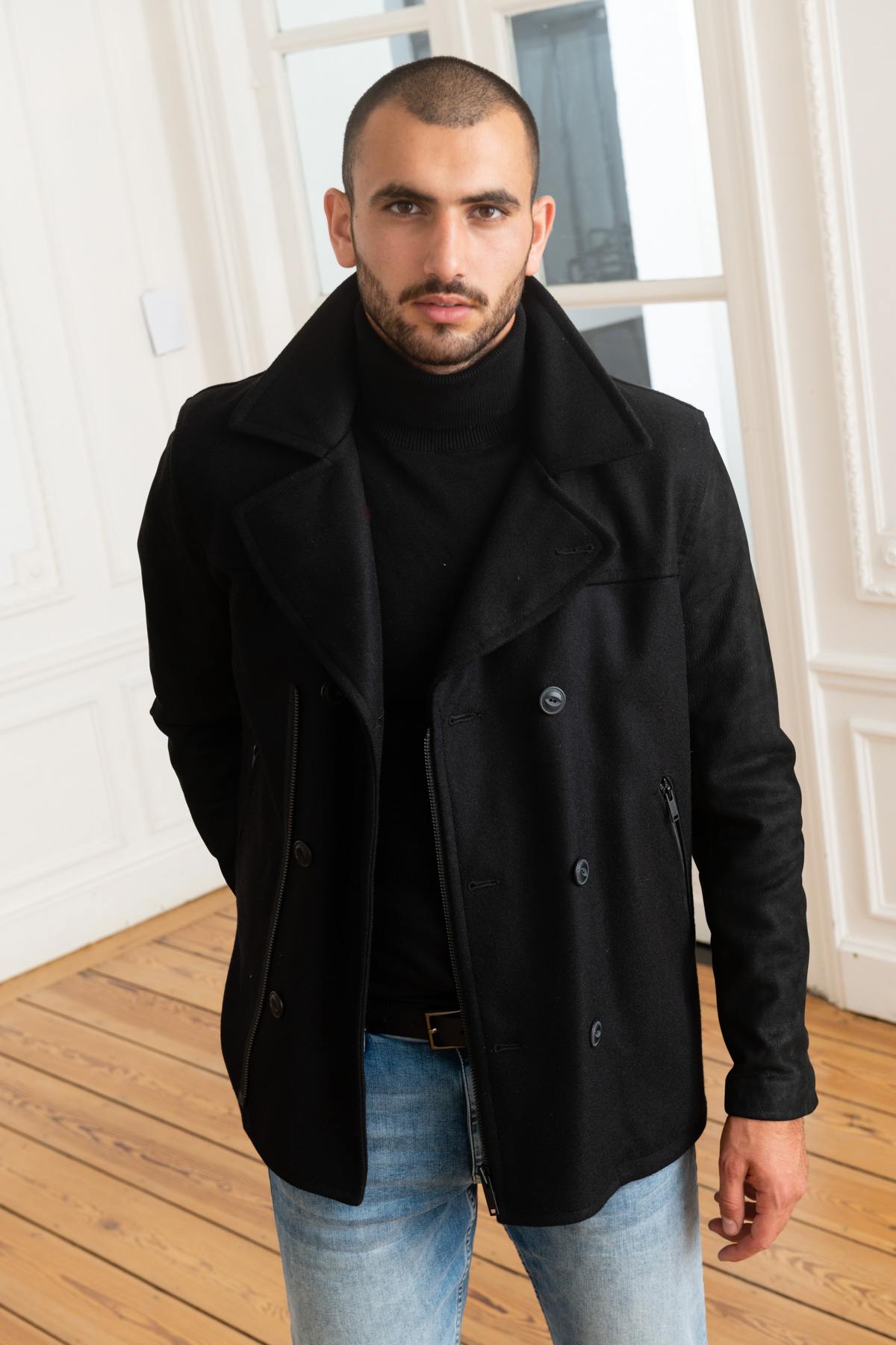 Wool and cowhide leather pea coat jacket - Image n°3