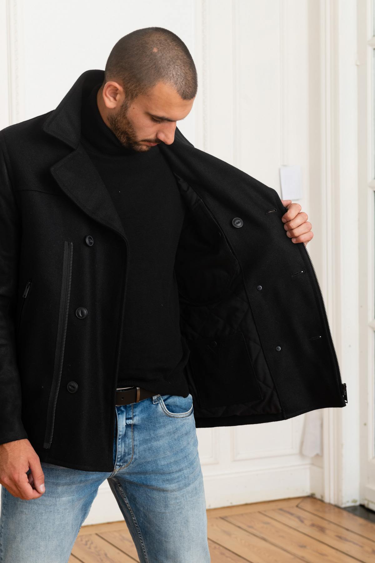 Wool and cowhide leather pea coat jacket - Image n°4