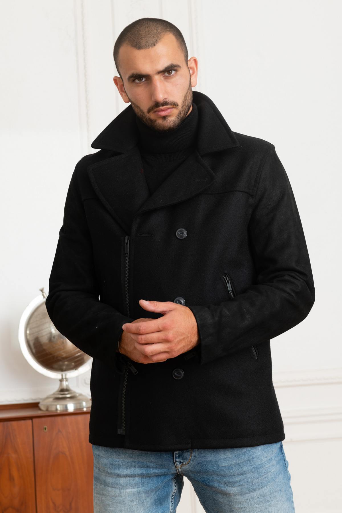 Wool and cowhide leather pea coat jacket - Image n°1