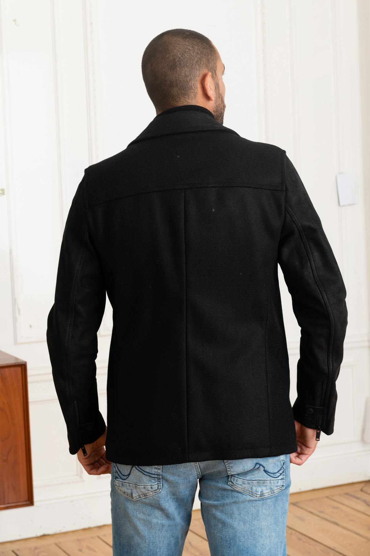 Wool and cowhide leather pea coat jacket - Image n°5