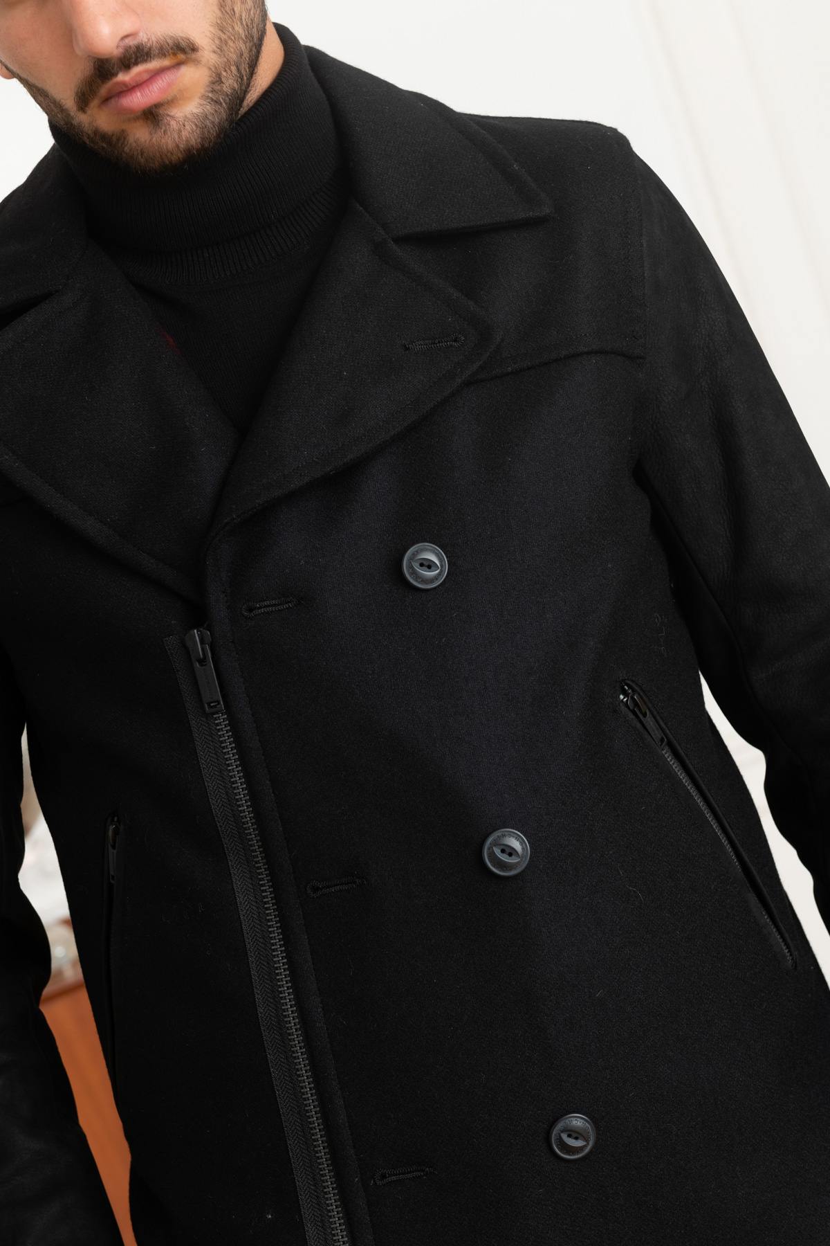 Wool and cowhide leather pea coat jacket - Image n°6