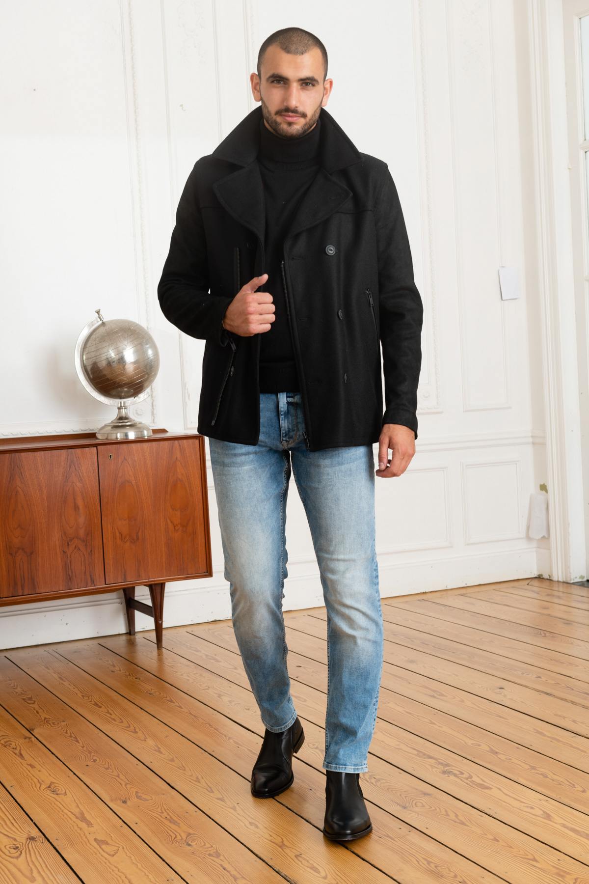 Wool and cowhide leather pea coat jacket - Image n°2