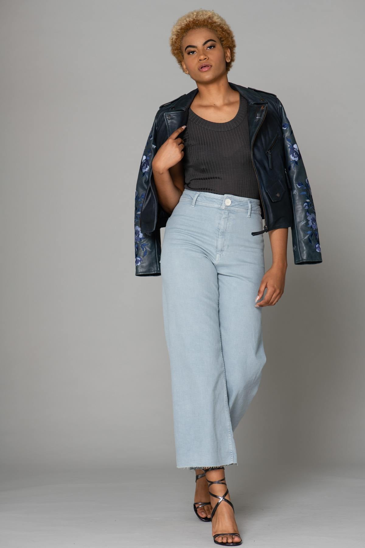 Blue Biker Jacket with embroidered sleeves - Image n°2