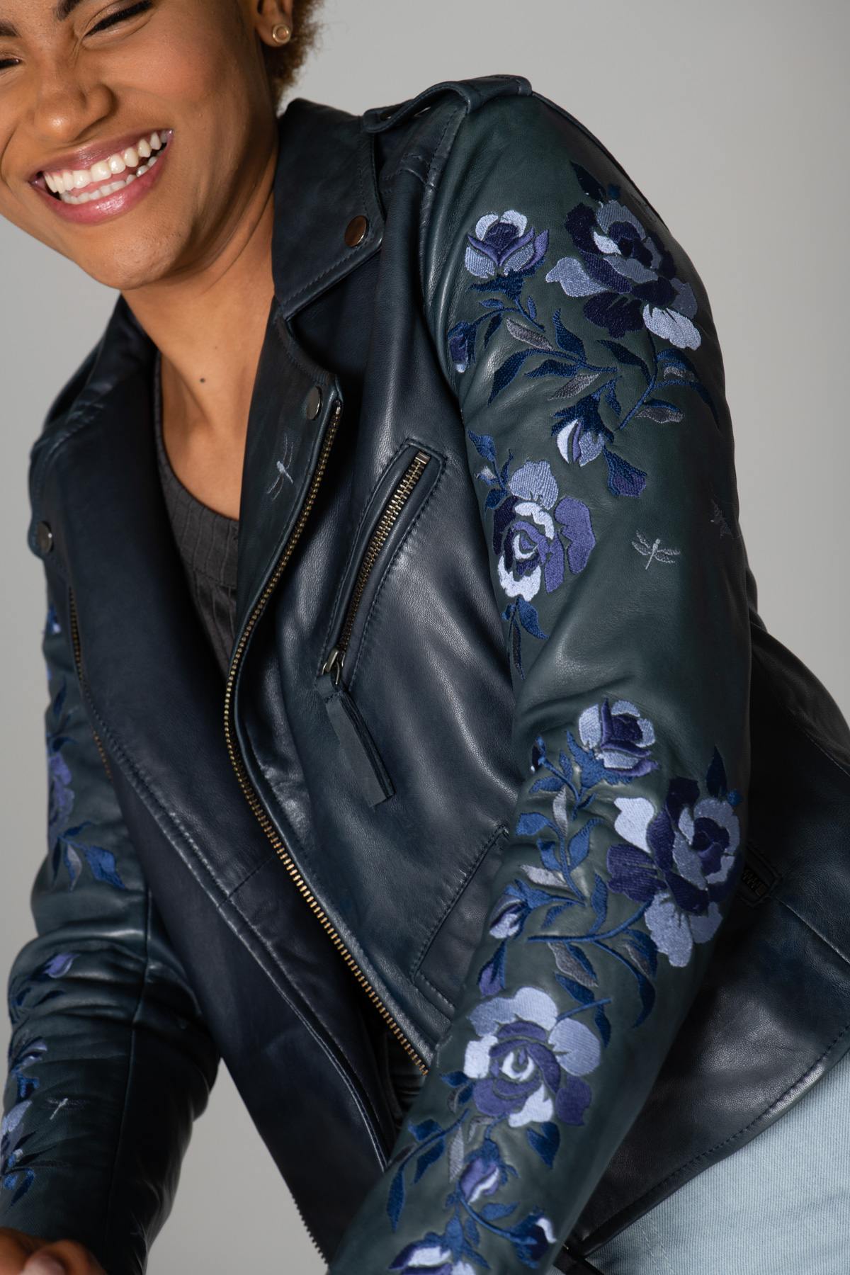 Blue Biker Jacket with embroidered sleeves - Image n°1