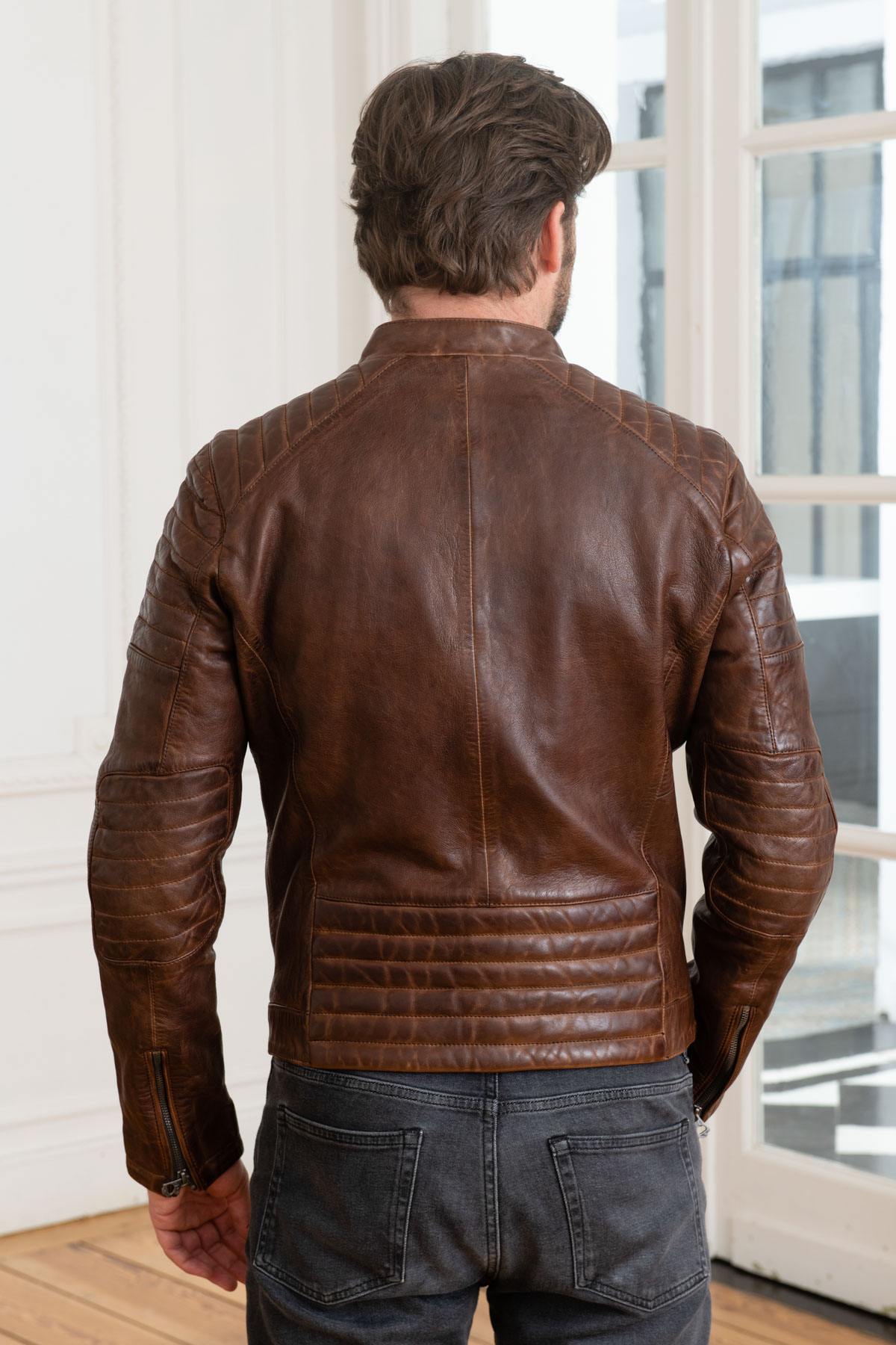 Distressed brown lambskin leather jacket - Image n°5