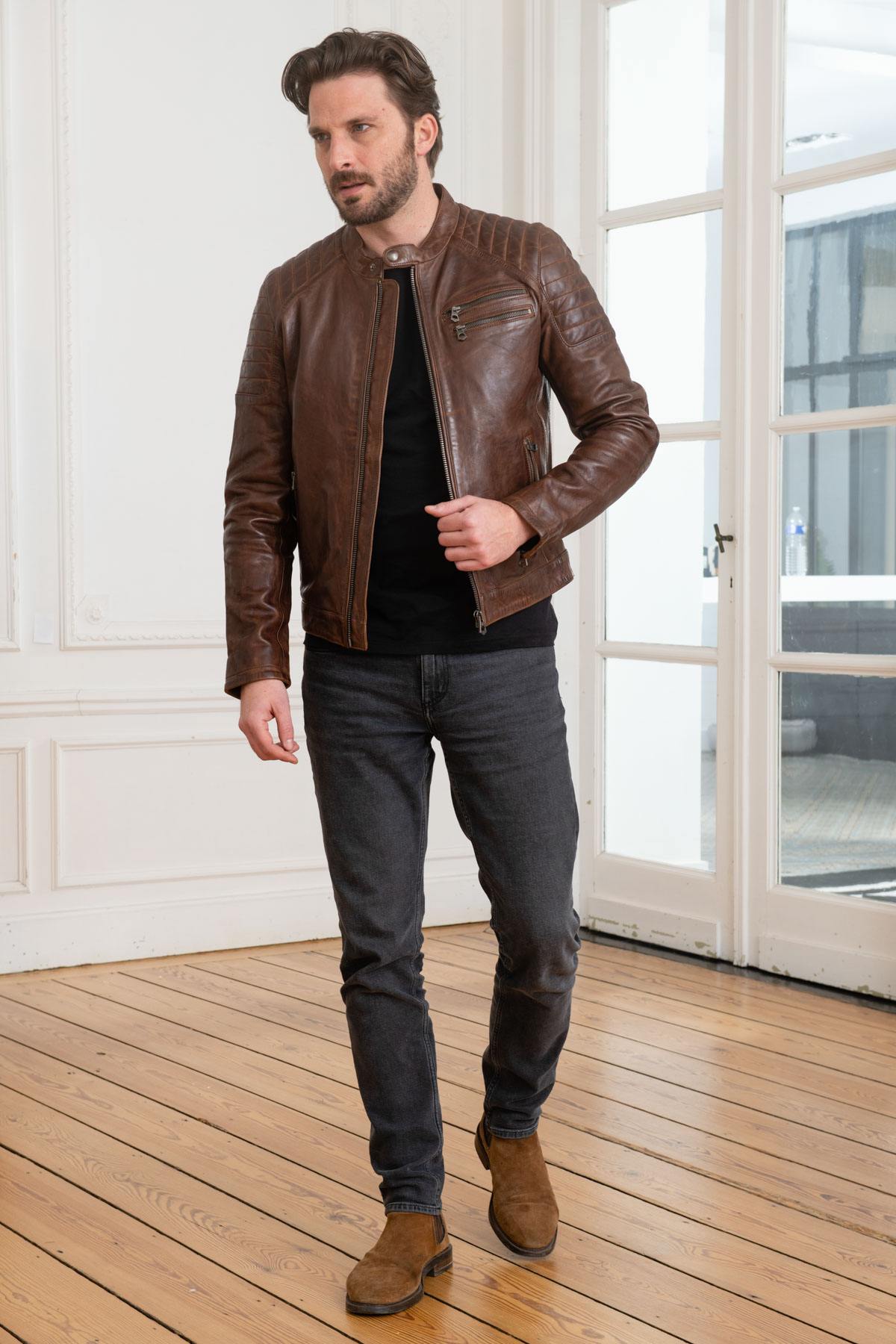 Distressed brown lambskin leather jacket - Image n°2