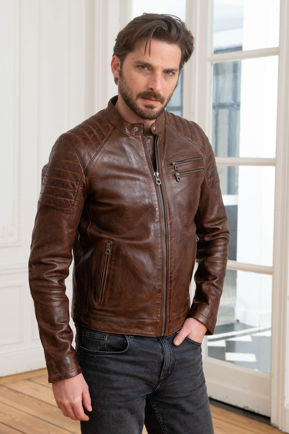 Distressed brown lambskin leather jacket - Image n°3