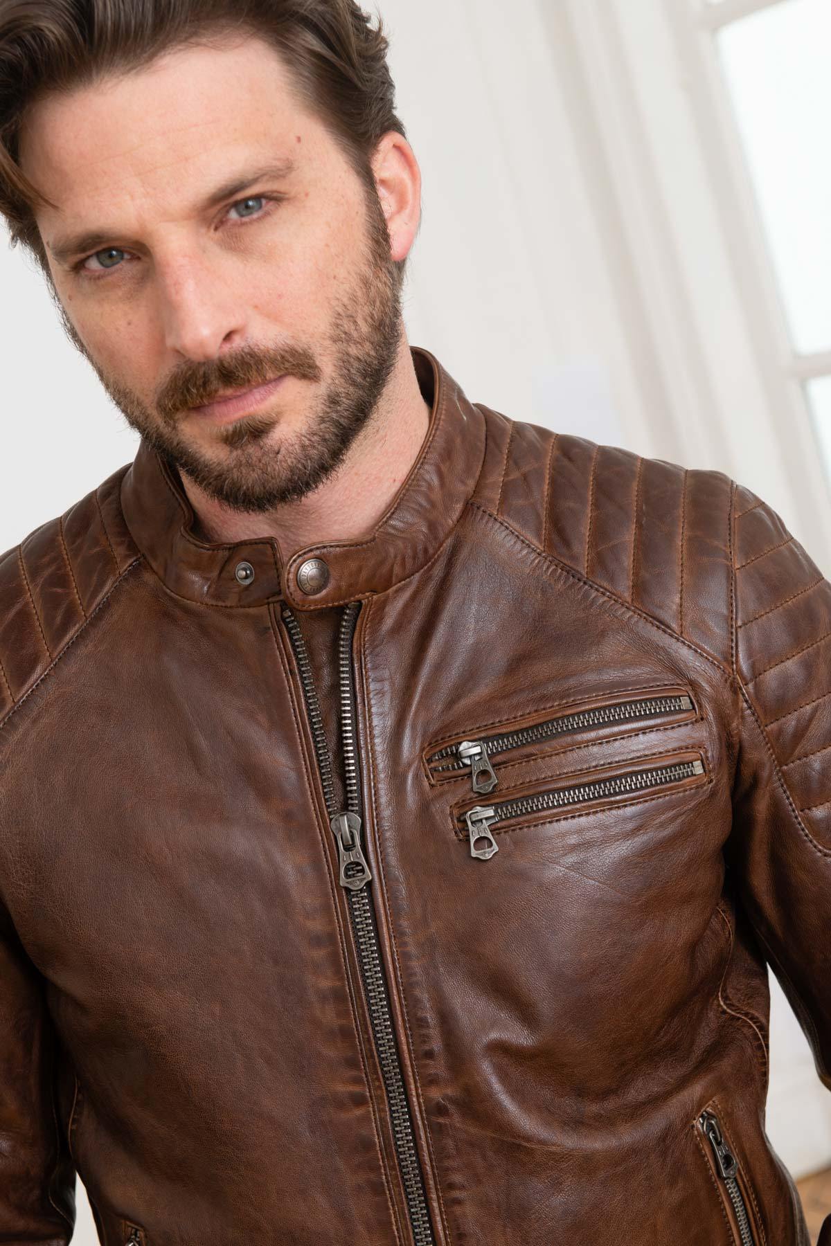 Distressed brown lambskin leather jacket - Image n°7