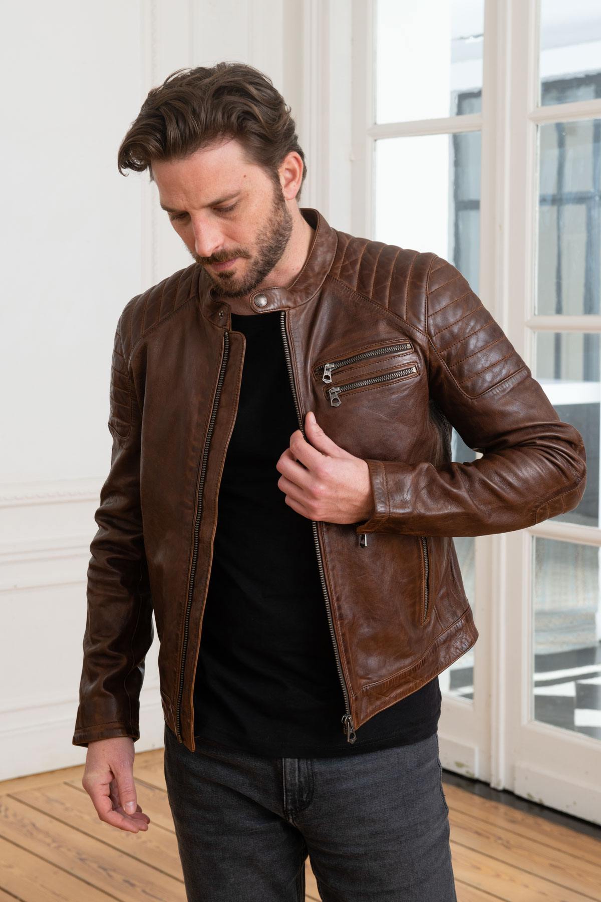 Distressed brown lambskin leather jacket - Image n°1