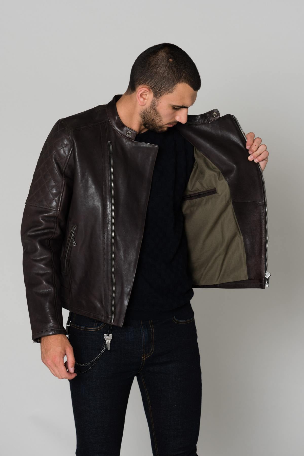 Dark brown grain cowhide leather jacket - Image n°6