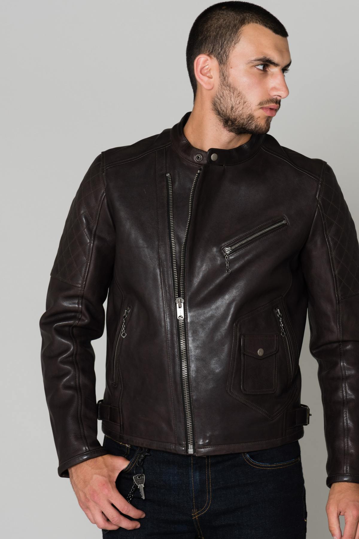 Dark brown grain cowhide leather jacket - Image n°5