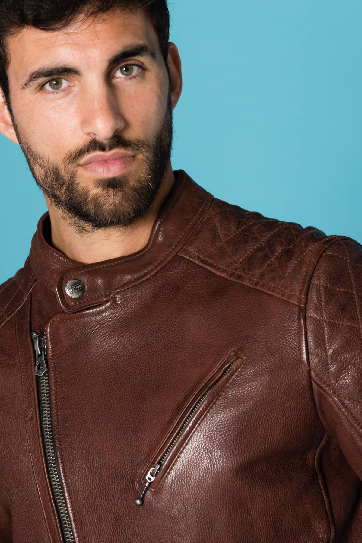 Burgundy cowhide leather biker jacket - Image n°3