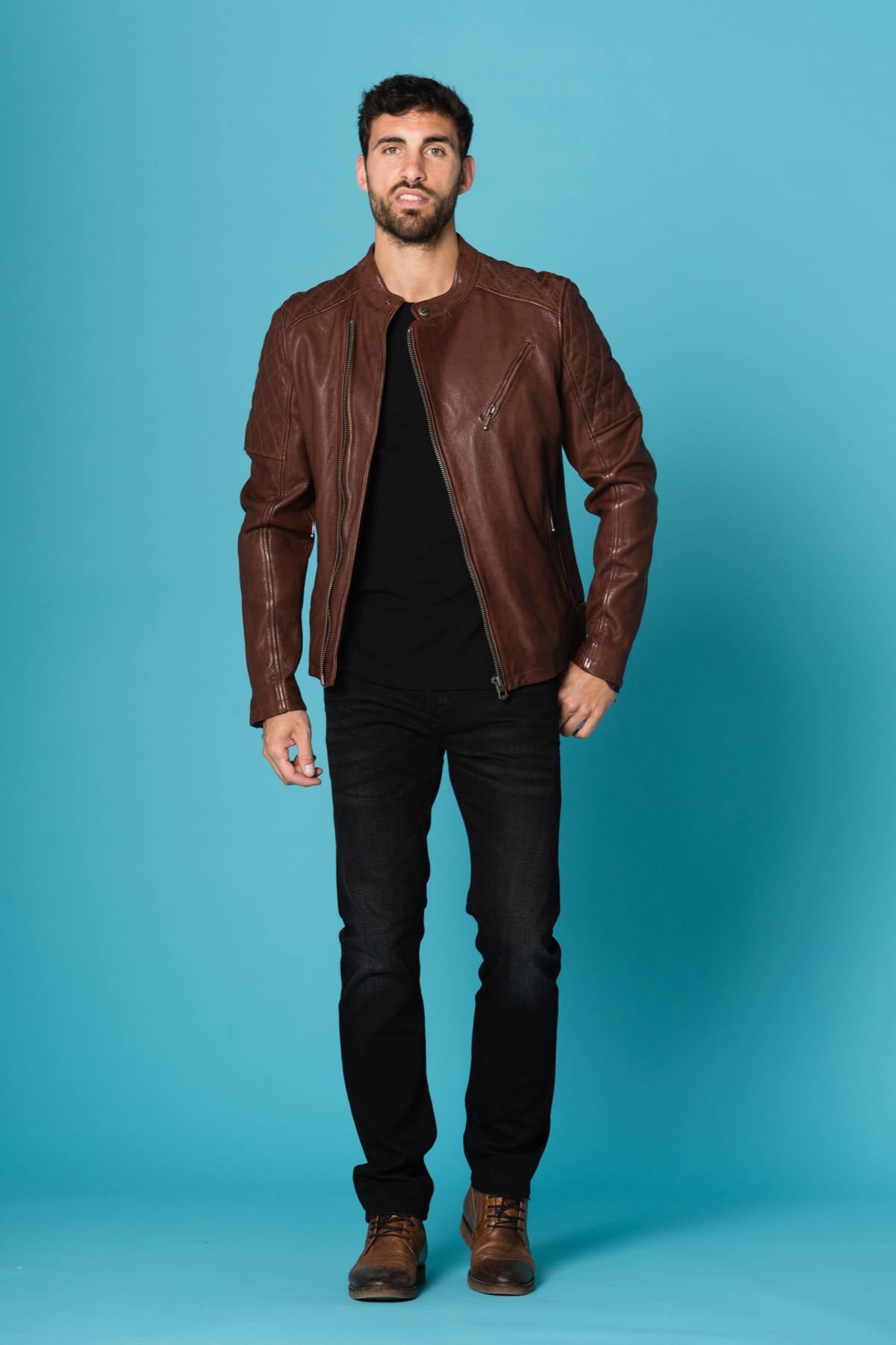 Burgundy cowhide leather biker jacket - Image n°2