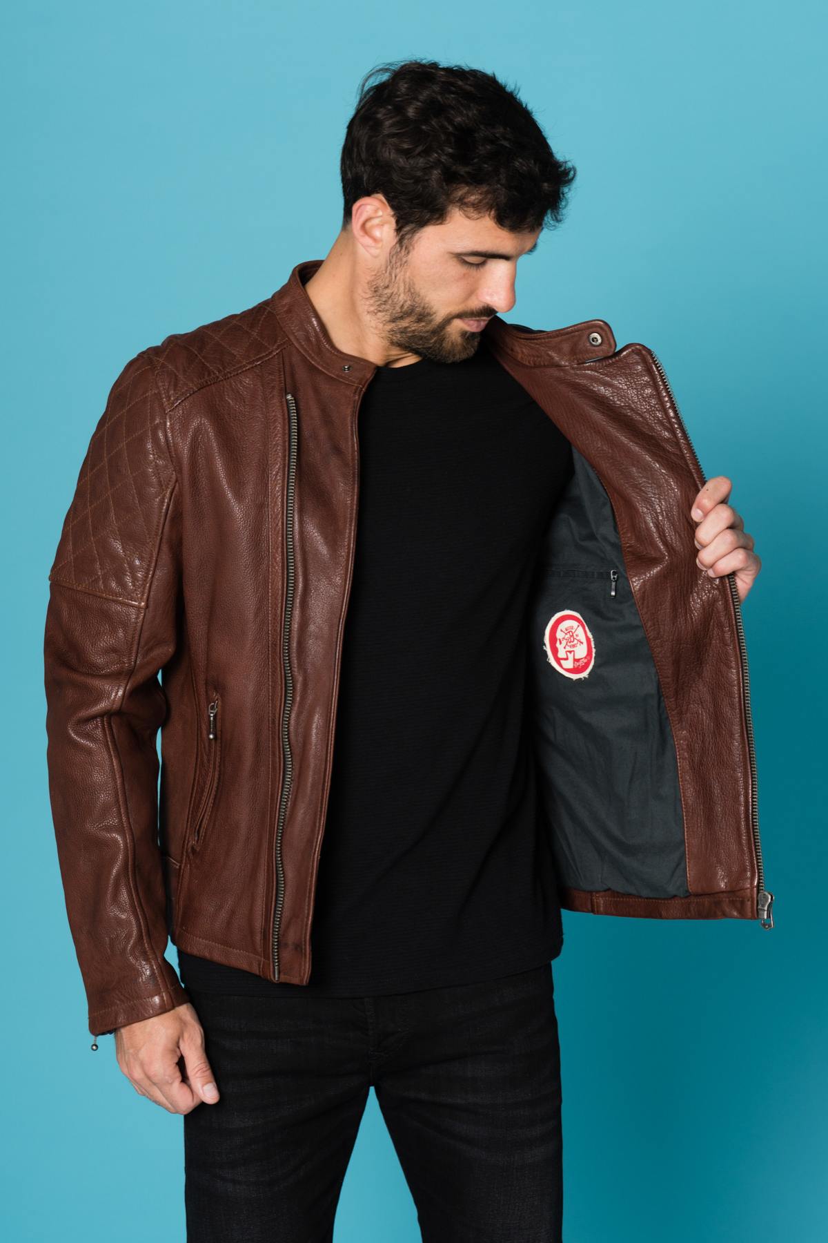 Burgundy cowhide leather biker jacket - Image n°5