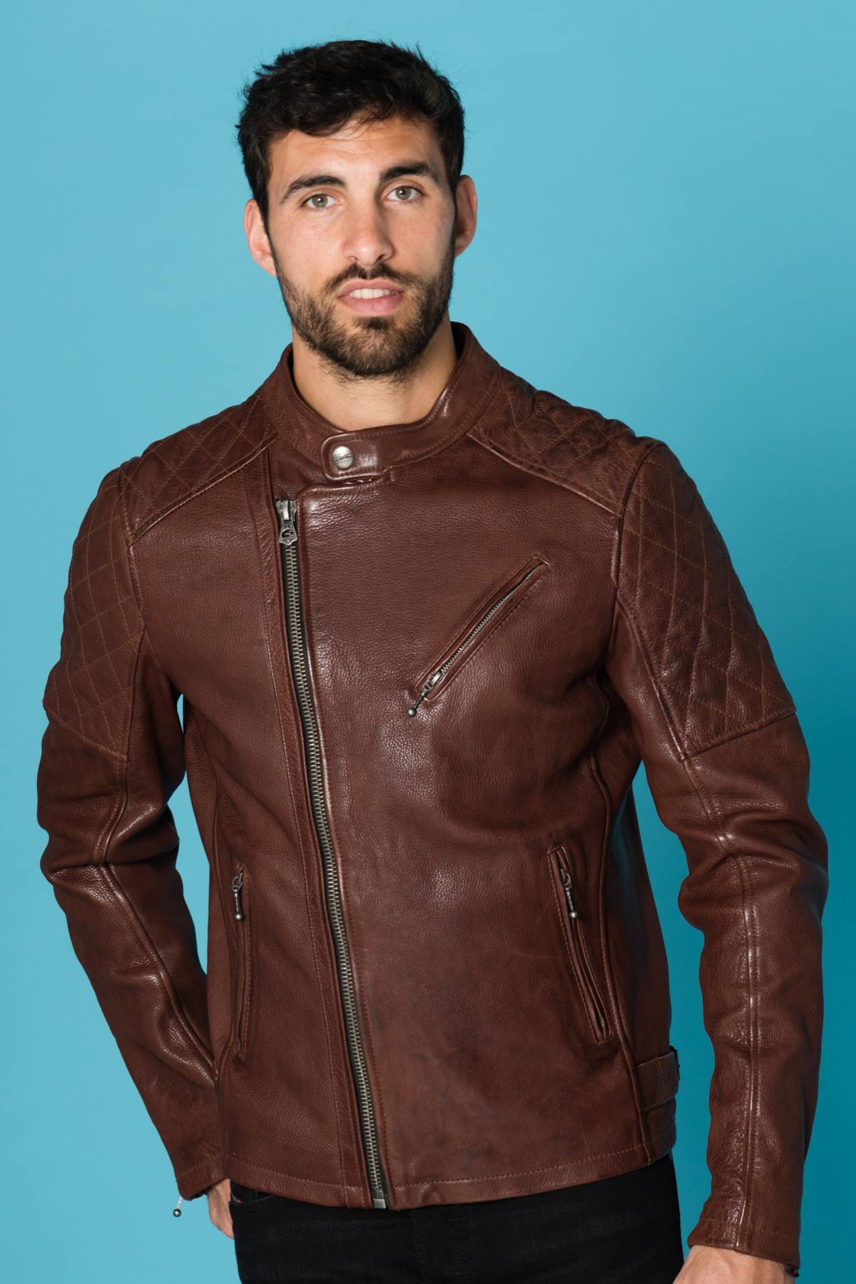 Burgundy cowhide leather biker jacket - Image n°7