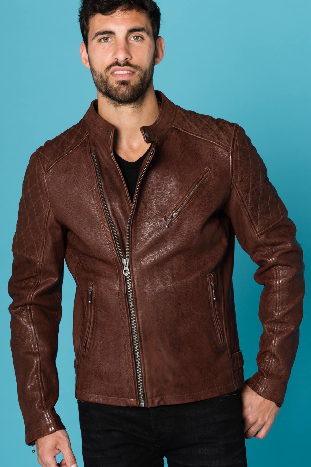 Burgundy cowhide leather biker jacket - Image n°1