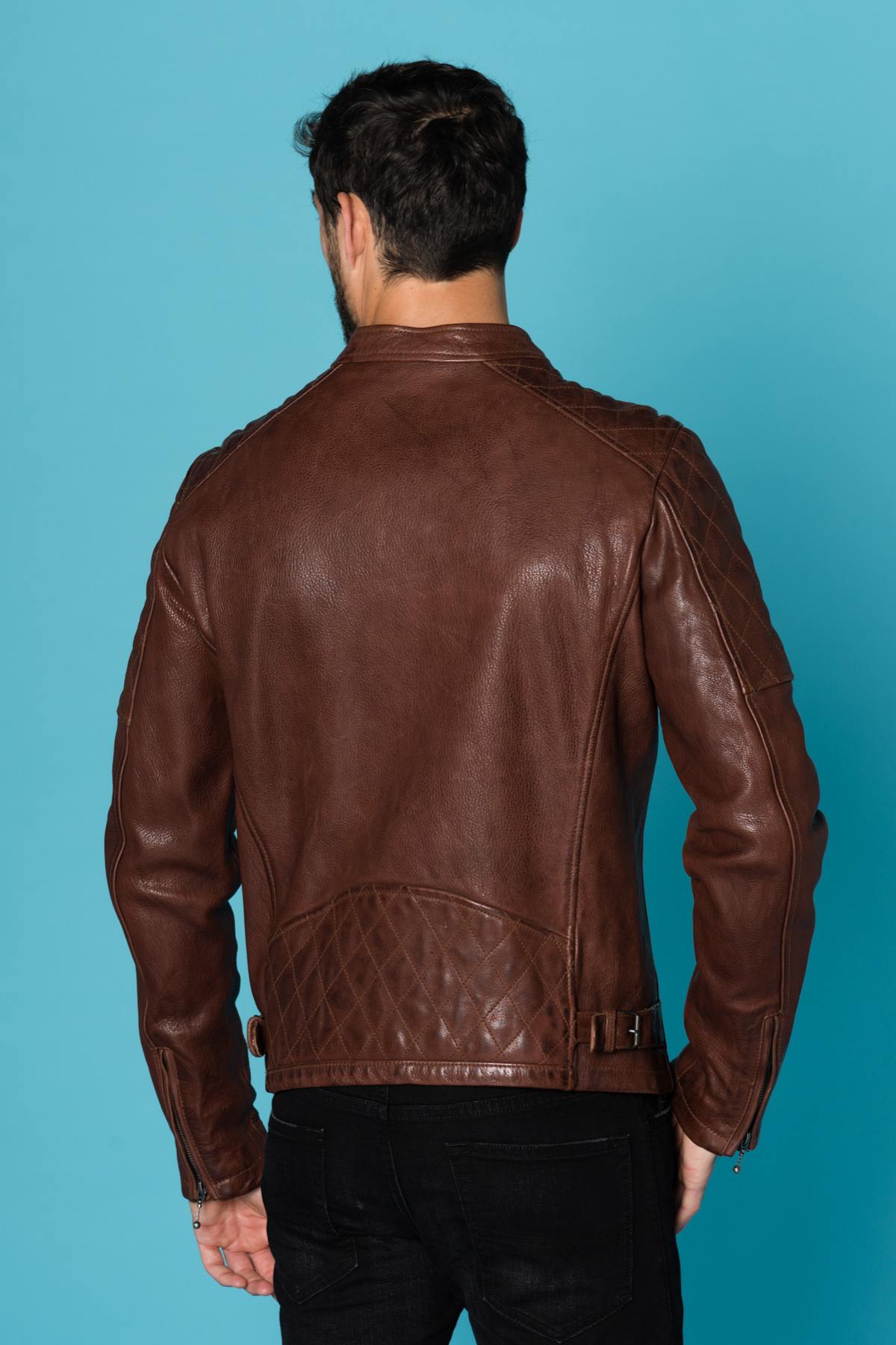 Burgundy cowhide leather biker jacket - Image n°6