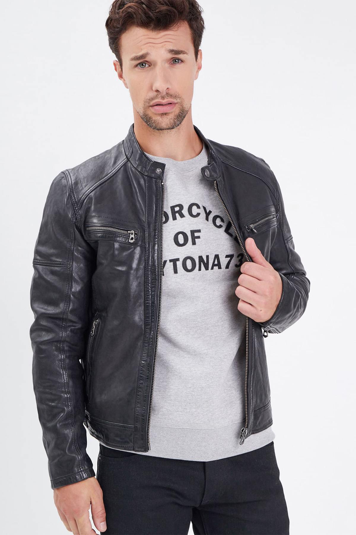  Men's lambskin leather biker collar jacket - Image n°1