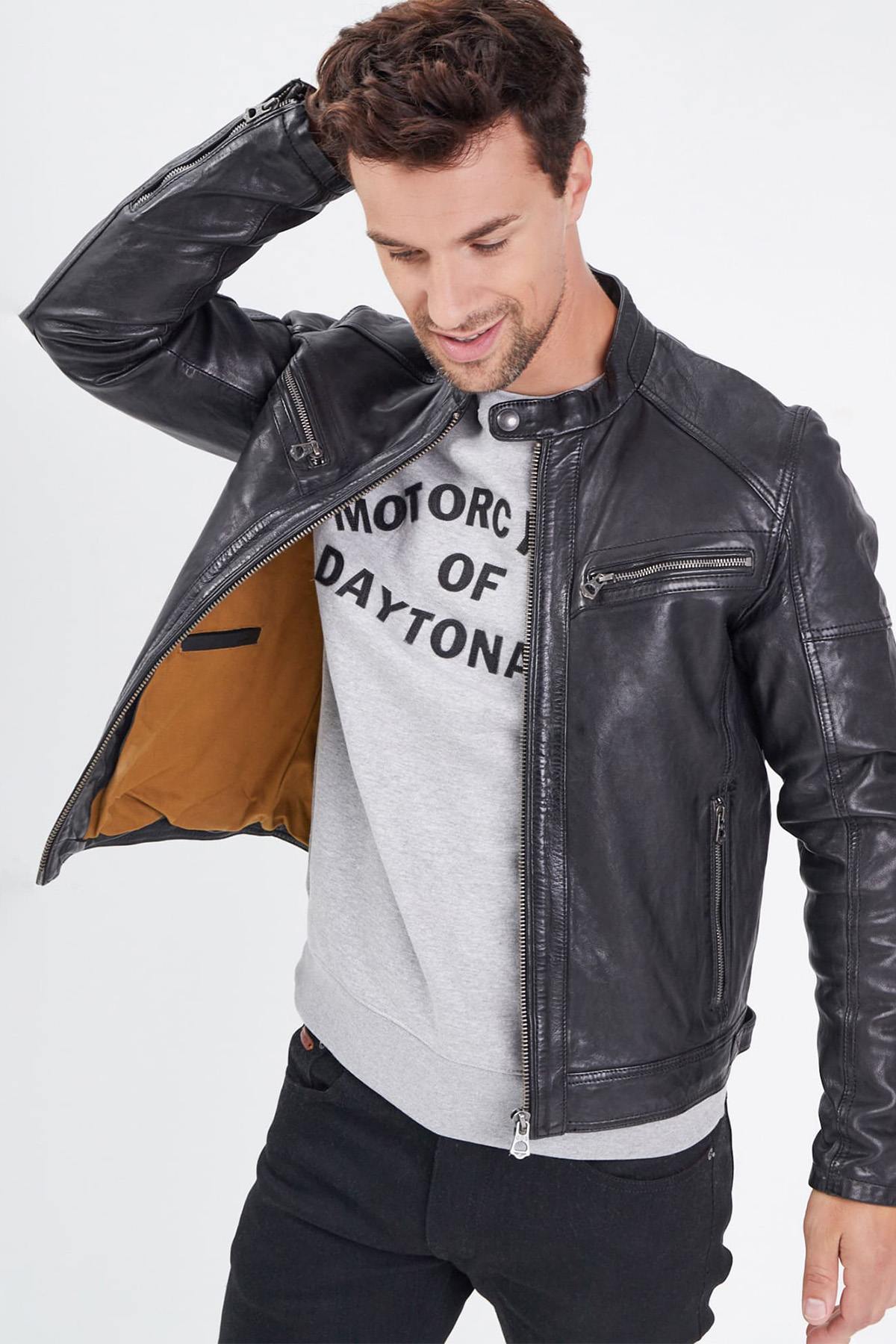  Men's lambskin leather biker collar jacket - Image n°3