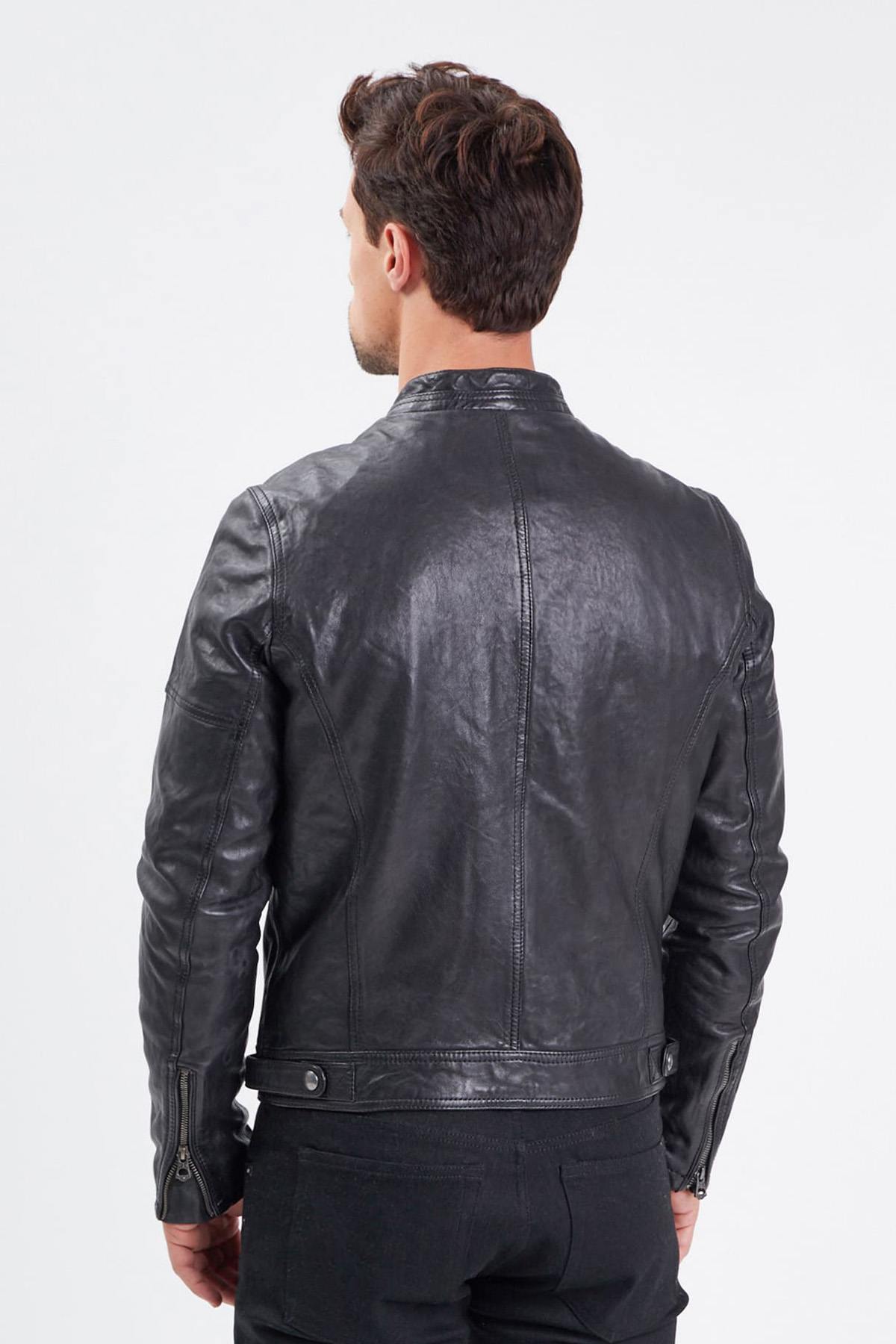  Men's lambskin leather biker collar jacket - Image n°5