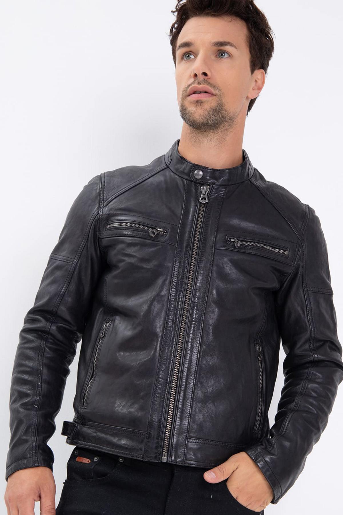  Men's lambskin leather biker collar jacket - Image n°7